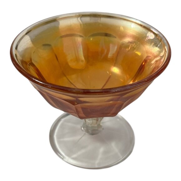 Vintage Iridescent Amber Glass Sherbet Dessert Dish – 1930s–1950s Footed Compote - Picture 3 of 3